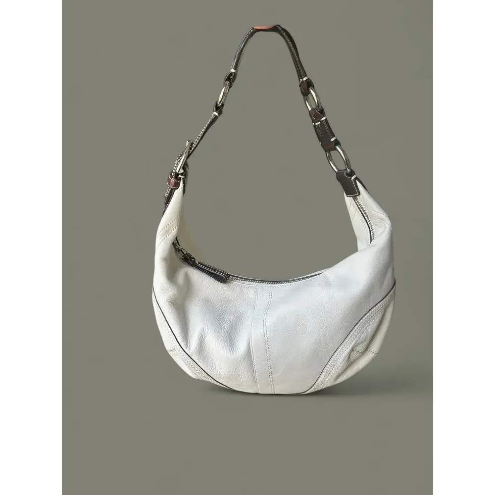 Coach White Leather Hobo Shoulder Bag with Dark Brown Strap